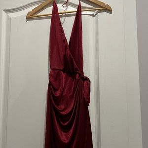 OHPOLLY Wrap tie halter neck maroon dress